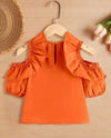 Young Girl Cold Shoulder Ruffle Trim Keyhole Back Blouse