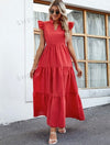 Notched Collar Cap Sleeve Ruffle Hem Dress