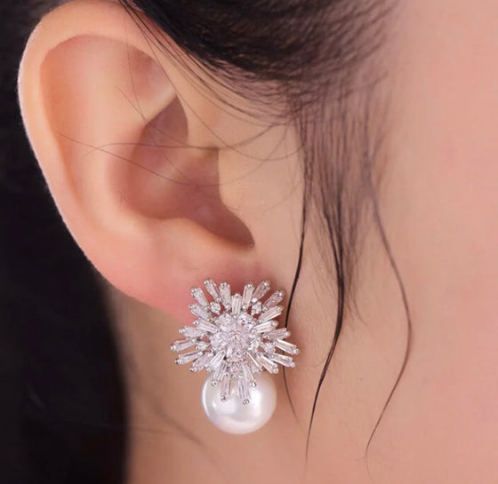 Luxury Cubic Zirconia Snowflake Zircon Pearl Earrings for Women Imitated Rhodium Plated Wedding Earrings