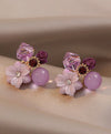 2pcs/Set Vintage Purple Crystal & Cat Eye Stone Flower Stud Earrings, Elegant