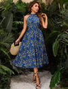 Self belted floral halter neck dress