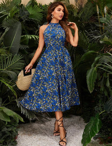  Self belted floral halter neck dress