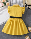 GIRLS Kids EVRYDAY Young Girl Yellow Solid Color Sweet & Comfortable Holiday Dress With Stand Collar And Ruffled Sleeves For Summer