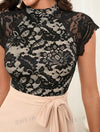 Clasi Women's Summer/Spring Lace Splice Black & Apricot Color Fashionable Elegant Party Commute Bodycon Dress With Tie Belt For Dinner Outfit/Dating Elegant Evening Dress