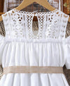 Girls cold shoulder guipure lace insert frill trim dress