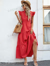 Notched Collar Cap Sleeve Ruffle Hem Dress