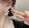 Fashion Jewelry Exaggerated Maple Leaf Flower Zircon Pearl Pendant Earring
