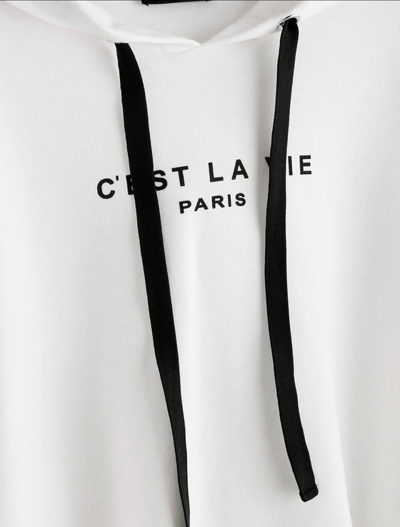 EZwear letter Graphic Drop Shoulder  Raw hem crop hoodie