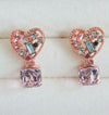 Pink heart stud earrings with CZ cube drop