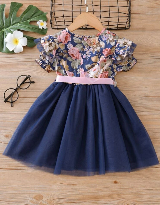 GIRLS Toddler Girls Floral Print Mesh Insert Ruffle Trim Belted Dress