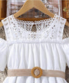 Girls cold shoulder guipure lace insert frill trim dress