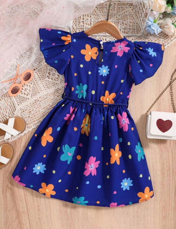 GIRLS Kids SUNSHNE Young Girl Floral Print Ruffle Trim Belted Dress