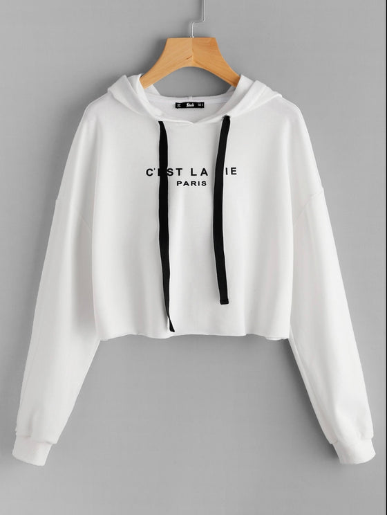 EZwear letter Graphic Drop Shoulder  Raw hem crop hoodie