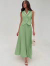 Aloruh Elegant Office/Commute Open Front Button Accent Long Top & Pleated Skirt 2 Pieces Suit, Collegiate Style
