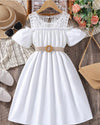 Girls cold shoulder guipure lace insert frill trim dress