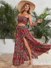 Floerns Women's Printed 2 Piece Crop Tube Top & Split Long Skirt Set