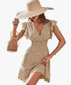 Women's Long Dress with Ruffle Print, Flared Hem, Cap Sleeves, and V-Neck