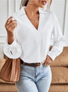 Women's Elegant Collar V Neck Bishop Long Sleeve Shirt Blouse Top