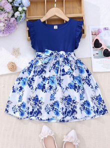  GIRLS Young Girl Floral Print Ruffle Trim Belted Dress