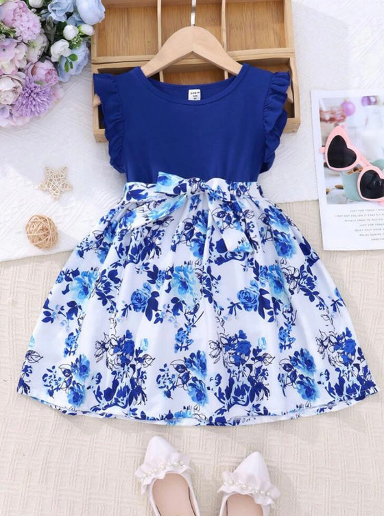 GIRLS Young Girl Floral Print Ruffle Trim Belted Dress