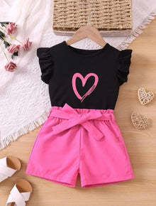  GIRLS Kids EVRYDAY Toddler Girls Heart Print Ruffle Trim Tee & Shorts