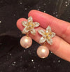 Imitation Pearl Flower Dangle Earrings For Women Luxury Shiny Zircon Crystal Bowknot Stud Earrings Temperament Festival Jewelry