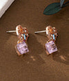 Pink heart stud earrings with CZ cube drop