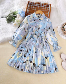  Preteen Girl's Printed Ruffle Sleeve Hem Ruched Belted Shirt Dress