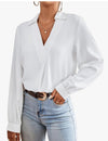 Women's Elegant Collar V Neck Bishop Long Sleeve Shirt Blouse Top