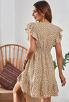 Women's Long Dress with Ruffle Print, Flared Hem, Cap Sleeves, and V-Neck