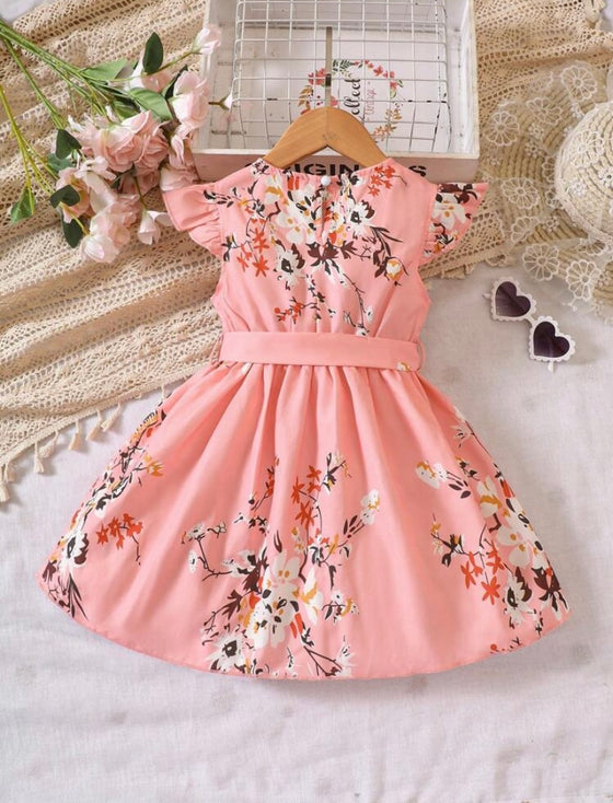 GIRLS Kids SUNSHNE Little Girls' Holiday Floral Print Flying Sleeve Princess Dress With Belt, Suitable For Parties And Summer Vacations