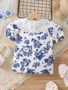 Toddler Girls Floral Print Contrast Collar Puff Sleeve Blouse