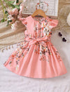 GIRLS Kids SUNSHNE Little Girls' Holiday Floral Print Flying Sleeve Princess Dress With Belt, Suitable For Parties And Summer Vacations