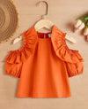 Young Girl Cold Shoulder Ruffle Trim Keyhole Back Blouse