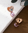 Pink heart stud earrings with CZ cube drop