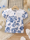 Toddler Girls Floral Print Contrast Collar Puff Sleeve Blouse