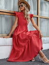 Notched Collar Cap Sleeve Ruffle Hem Dress