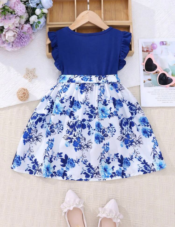 GIRLS Young Girl Floral Print Ruffle Trim Belted Dress