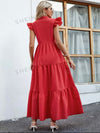 Notched Collar Cap Sleeve Ruffle Hem Dress
