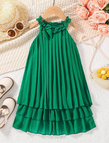  GIRLS Kids Cooltwn Young Girl Frill Trim Pleated Detail Halter Neck Layer Hem Dress