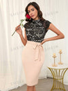 Clasi Women's Summer/Spring Lace Splice Black & Apricot Color Fashionable Elegant Party Commute Bodycon Dress With Tie Belt For Dinner Outfit/Dating Elegant Evening Dress