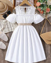 Girls cold shoulder guipure lace insert frill trim dress