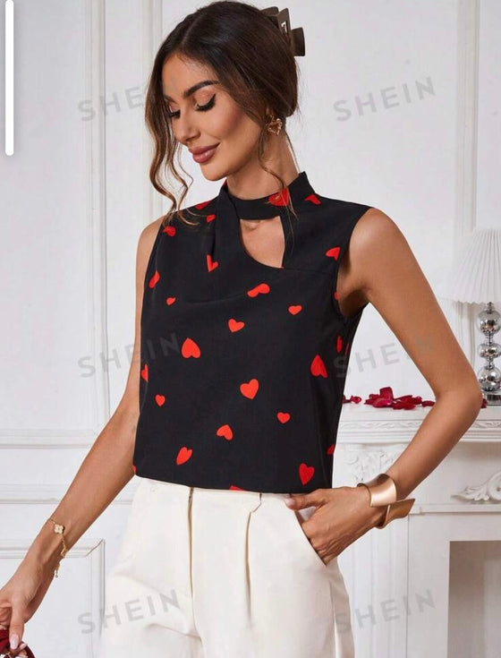 Hollow Out Heart Shaped Print Sleeveless Shirt
