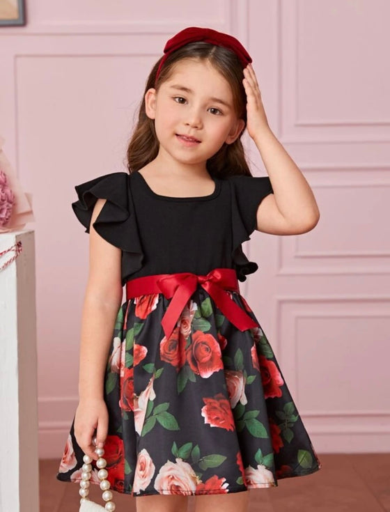 Toddler Girls 1pc Floral Print Ruffle Trim Belted Dress