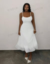 Elegant Suspender Wavy Embellished Hem White Knitted Long Skirt Women's Bodycon Dress