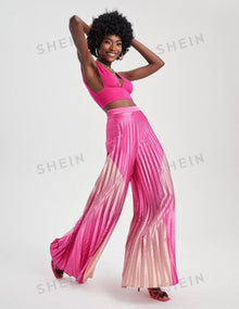  Ruched Tank Top & Pleated Wide Leg Pants Set