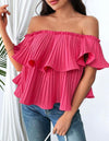 Rose-Carmine Versatile To Multiple Outfits Women's Off-Shoulder Pleated Blouse