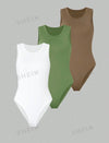 Women's Summer Solid Color Round Neck Casual Top 3pcs Bodysuit