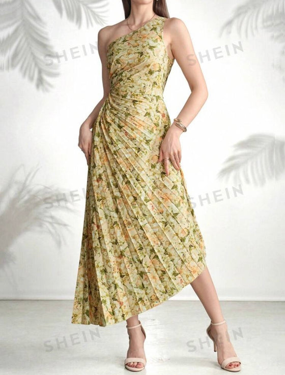 Asymmetric Neckline Floral Printed Pleated Sleeveless Summer Dress