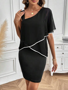  Casual Asymmetrical Collar Sleeveless Dress With Contrast Trim